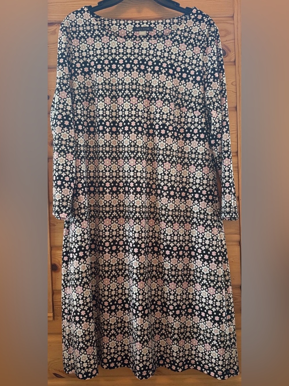 Tommy Hilfinger Black Floral A-Line Dress with Pink and White Flowers Size 14